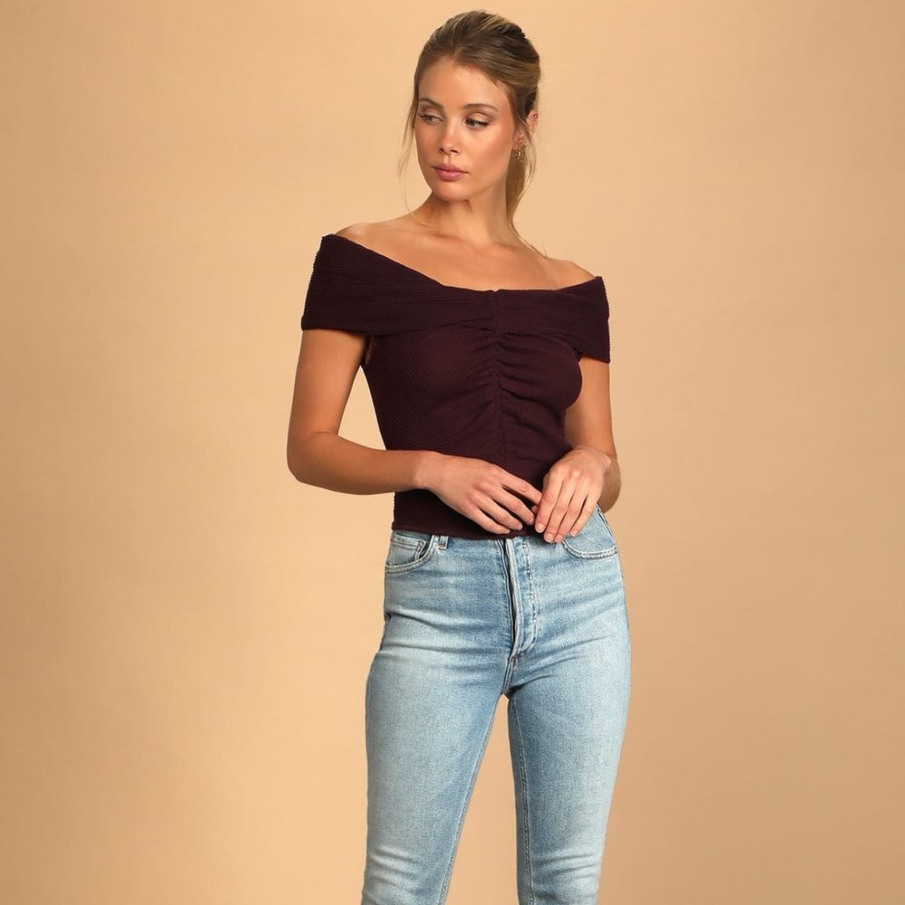 NWT New $58 Free People This Cutie Purple Ruched Off-the-Shoulder Top Size L